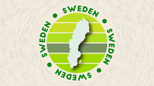 Sweden logo intro. Badge with the circular name and map of country. Appealing Sweden round logo animation.