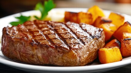 Grilled Steak with Roasted Pumpkin and Parsley Garnish