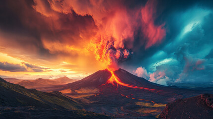 A volcanic eruption at sunset with colorful smoke and lava, highlighting the raw power and beauty of nature.