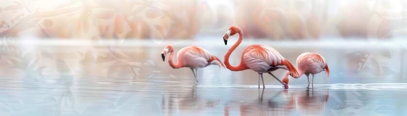 Three pink flamingos standing in a shallow body of water with a blurry background.
