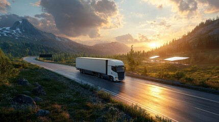 A semi-truck driving on a scenic highway at sunrise, showcasing the beauty of long-distance freight transportation.