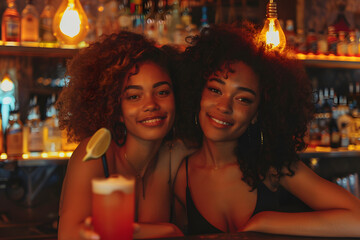 Two black girls having a drink in a bar in the summer.