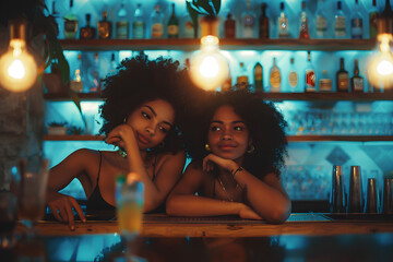 Two black girls having a drink in a bar in the summer.