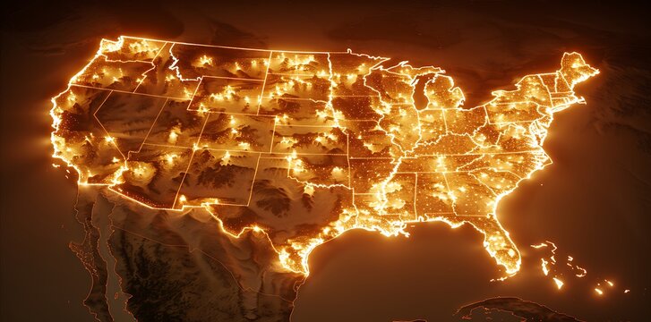 A glowing map of the United States, highlighting major cities and regions with vibrant golden lights, set against a dark background.
