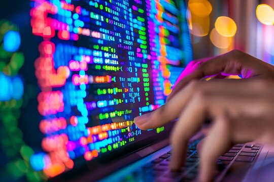 Close-up of a person's hand typing on a laptop, with colorful code displayed on the screen, reflecting a creative and tech-driven atmosphere.