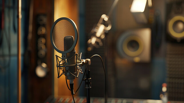 An open mic stand with a microphone and pop filter at recording studio. 