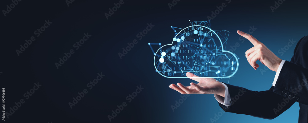Poster man finger touch binary cloud, data storage and backup data. copy space