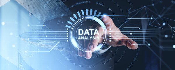 Man finger touch data analysis hud hologram with binary and abstract lines