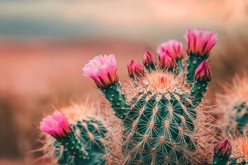Closeup of Pink Cactus Flowers Blooming on a Spiky Stem
