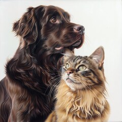 Fototapeta premium Dog sitting with a cat on a white background, high detail, realistic animal friendship Generative AI
