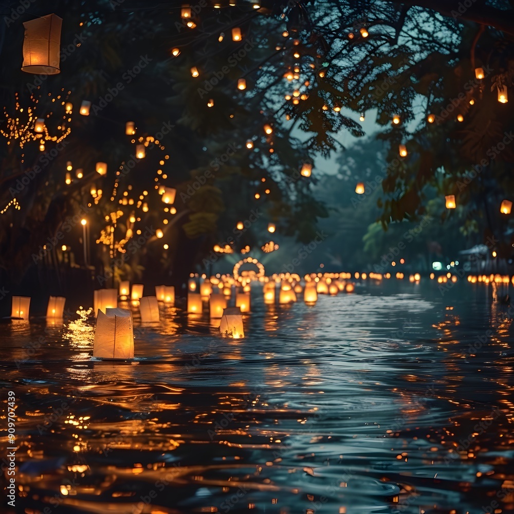 Poster mesmerizing floating lanterns illuminate the river during thailand s loy krathong festival