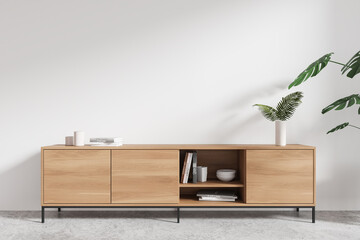 Home living room interior with drawer and decoration, mockup wall