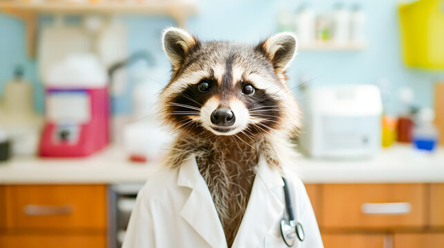Playful Raccoon Wearing Doctor s Uniform in Laboratory Setting Examining Medical Apparatus and Equipment  Curious Furry Animal Masquerading as Healthcare Professional