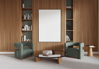 Modern minimalist interior with blank poster on wooden wall. 3D Rendering