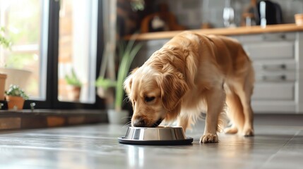 Create a realistic background with a dog eating from a bowl in a modern kitchen