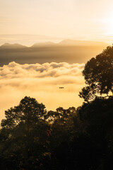 Sea clouds during golden sunrise above the Titiwangsa range mountains in Lenggong, Perak.