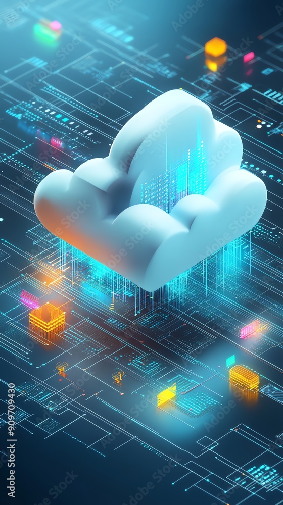 Poster Cloud Computing Technology with Blue Circuit Board Background.