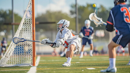 Obraz premium High School Boy Lacrosse Player Taking a Shot at the Goal During Afternoon Game Practice