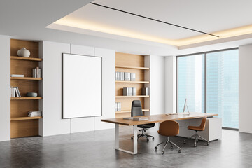 Modern office interior with blank white poster on wall. 3D Rendering