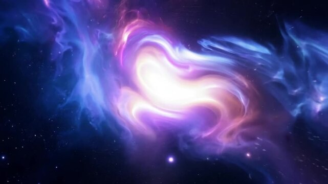 A cosmic scene resembling a nebula or galaxy with patterns of bright light and dark space rotating footage