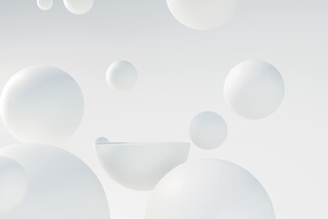 Minimal product podium stage with white balloons. 3D illustration rendering