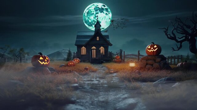 Spooky Halloween haunted house with bats, and pumpkins under scary full moon