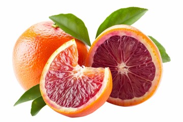 Juicy red orange with leaves isolated on a white background.