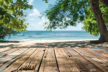 A wooden table with a view of the ocean