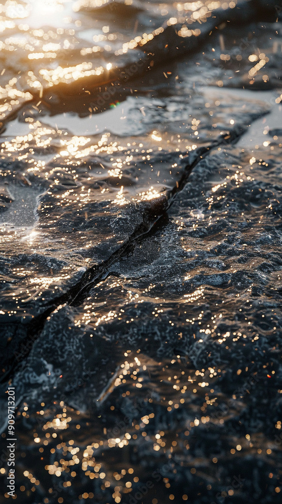 Poster a close-up of the sun's reflection on a wet rock surface at the beach, the light creating sparkling 