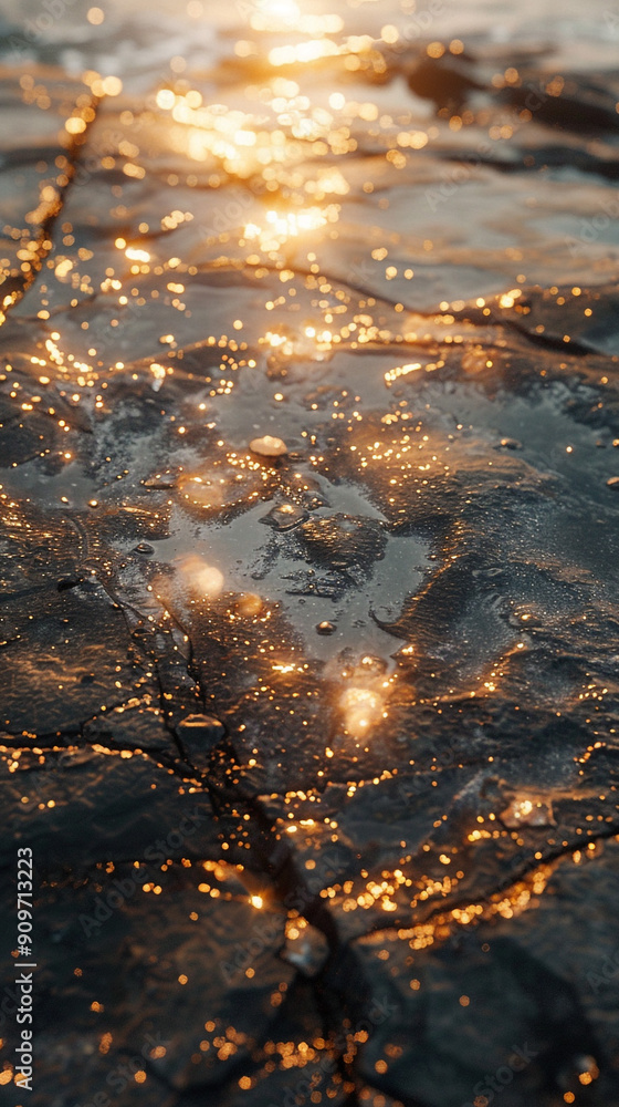 Poster a close-up of the sun's reflection on a wet rock surface at the beach, the light creating sparkling 