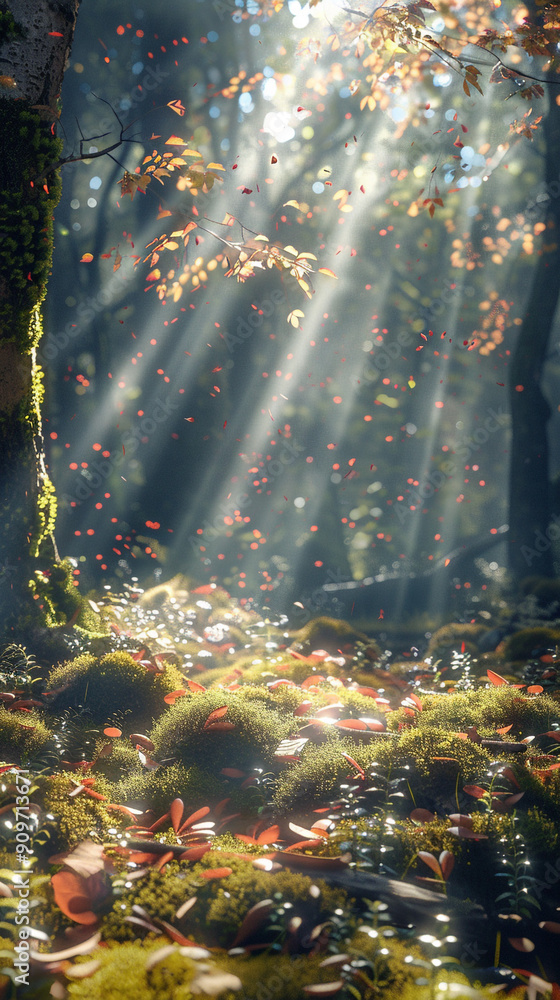 Poster a tranquil forest scene with the sun streaming through the canopy, casting rays of light that filter