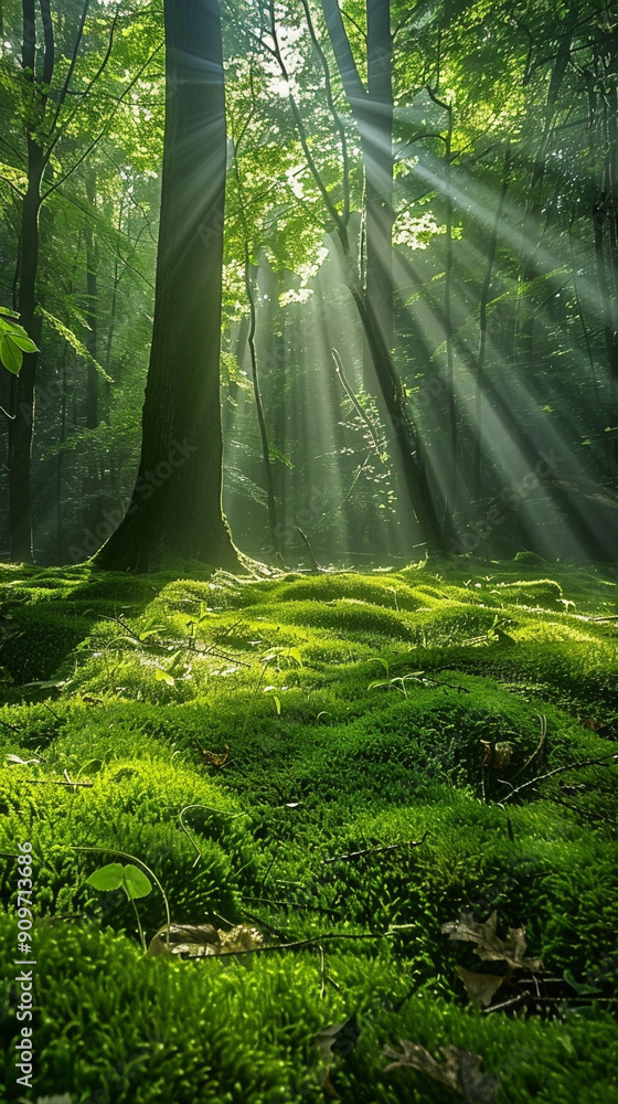 Poster a tranquil forest scene with the sun streaming through the canopy, casting rays of light that filter