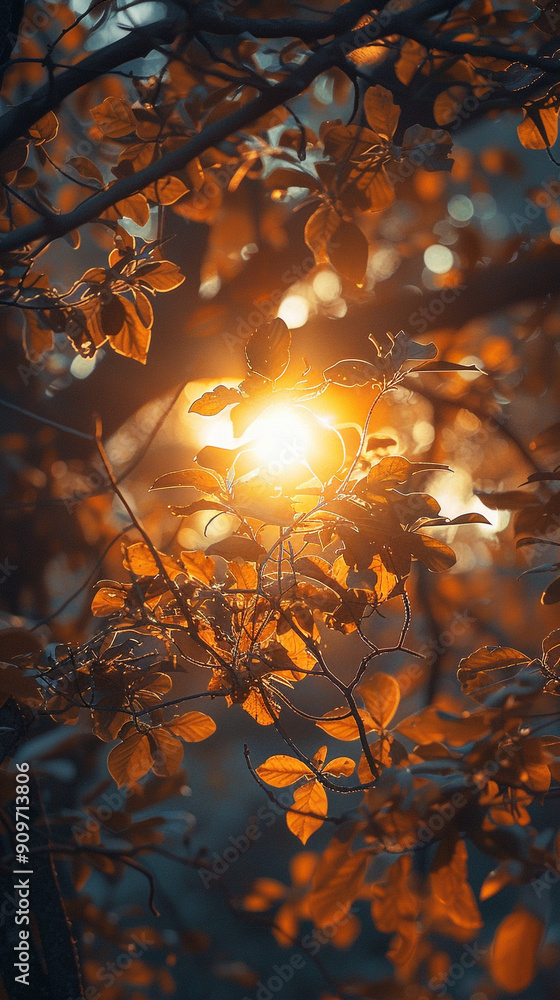 Poster the sun as seen through the branches of a tree, with the light filtering through the leaves, creatin