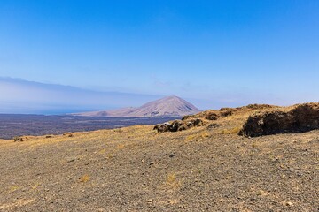 Panoramic view of the barren volcanic Timanfaya National Park on Lanzarote