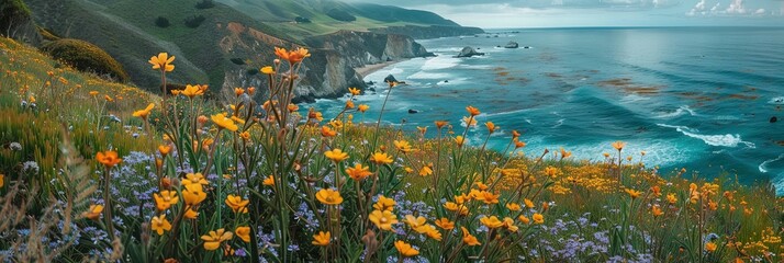 photo of the big sur coastline with wildflowers using a rich color palette 