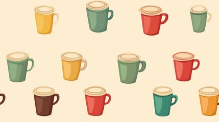 Fototapeta premium Seamless Tileable Coffee Mug Pattern Illustration - Cute and Colorful Beverage Design on Cream Background, Perfect for Fabrics, Wallpapers, and Digital Art