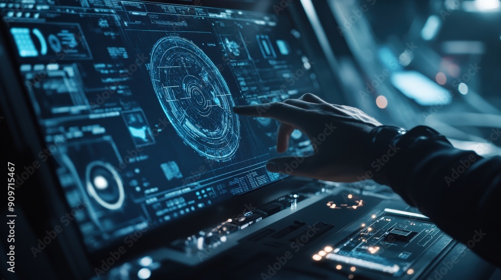 Poster a hacker interacts with a high-tech display, executing complex operations in a darkened control room