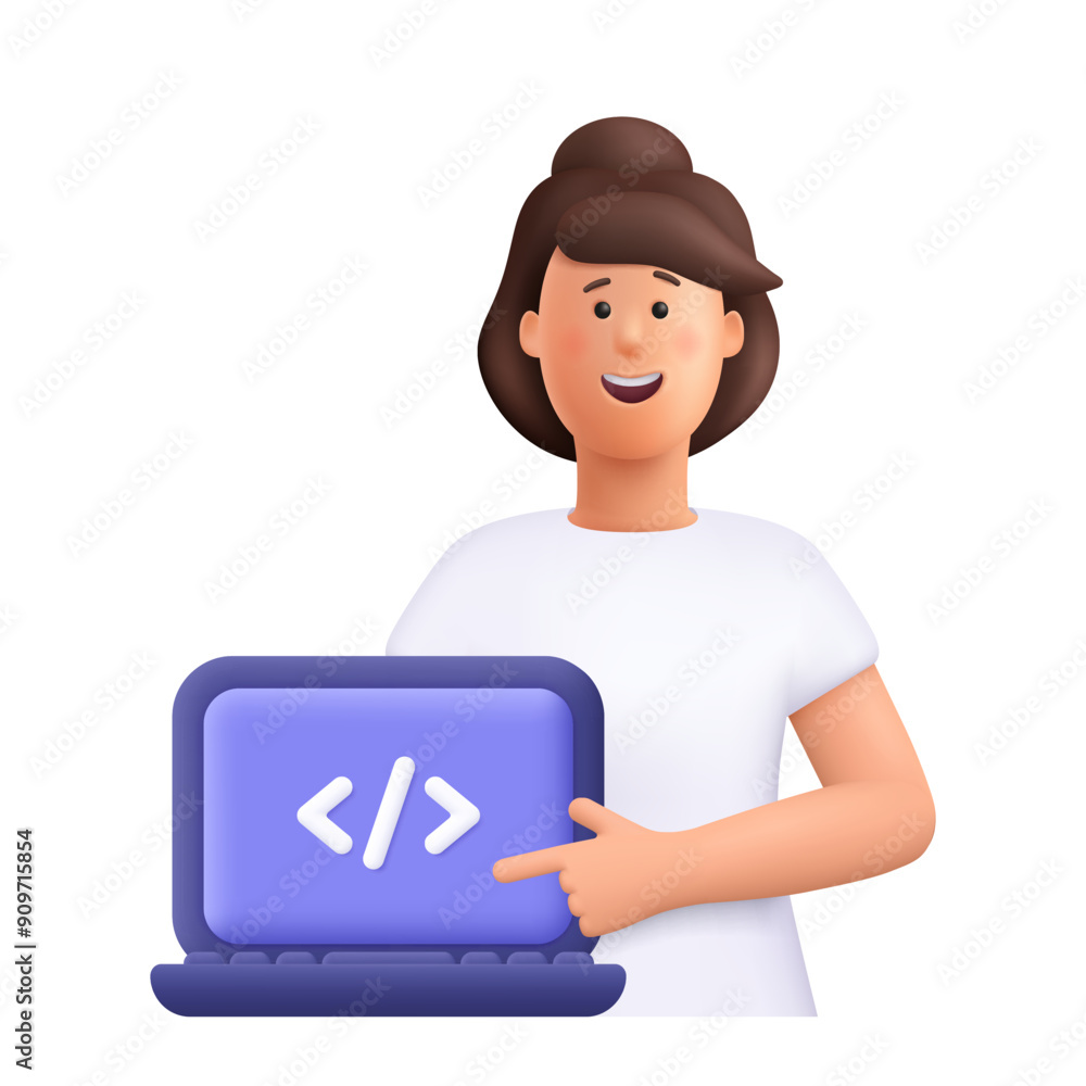 Poster woman pointing to laptop computer with code symbol. girl programmer. web development, programming la