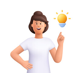 Young smiling woman pointing finger up to light bulb. Creativity innovation, creative thinking and idea concept. 3d vector people character illustration. Cartoon minimal style.