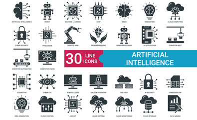 Artificial Intelligence icon collection set with Robot, Machine Learning, Chip, Brain, Innovation