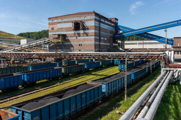 Bolesław Śmiały Coal Mine, railway wagons loaded with hard coal. Laziska Gorne, Poland.