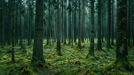 Fototapeta premium Mossy forest with tall pine trees and green undergrowth