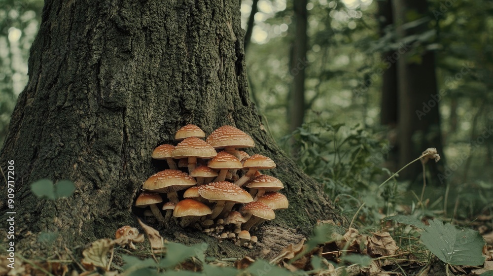 Poster Close-up of mushrooms at the base of a tree in a spring forest clearing, with open space for an inscription or message