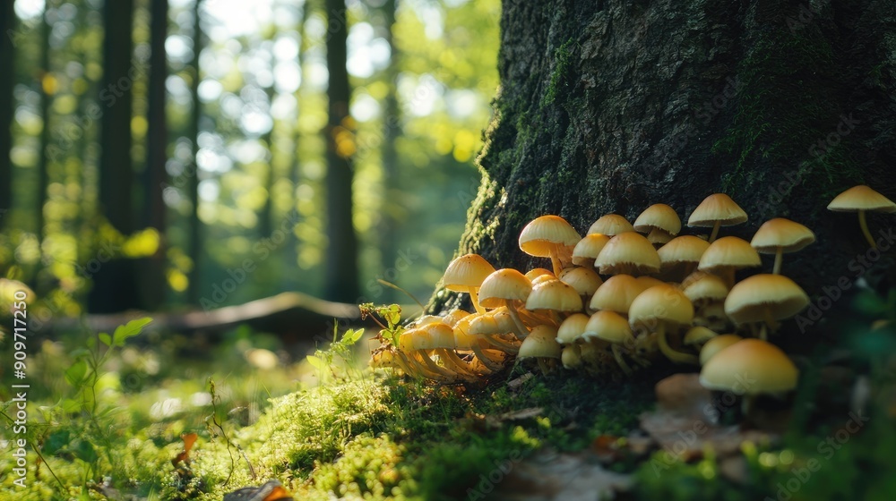 Poster close-up of mushrooms at the base of a tree in a spring forest clearing, with open space for an insc