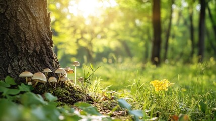 Obraz premium Close-up of mushrooms near a tree in a spring forest, with a clear area for an inscription or message in the background