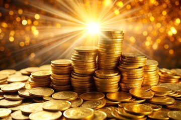 pile gold coins sparkling bright light symbolizing financial success prosperity