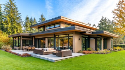 Contemporary home exterior with flat roof, brown trim, and green lawn, with a patio furnished for outdoor activities, under a blue sky and near a forest