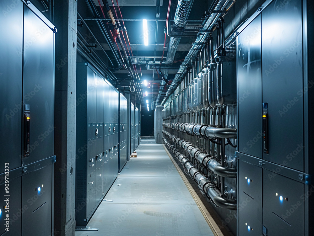 Poster inside a modern data center featuring rows of servers and cooling systems at night
