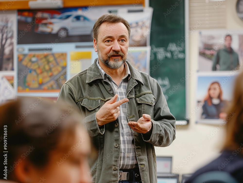 Poster engaging instructor leading an interactive discussion in a classroom setting with students