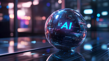 A round ball with AI text is one example of the use of artificial intelligence banner technology based on data science and innovation in Internet cyberspace